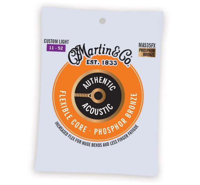 Martin Flexible Core Phosphor Bronze Authentic Acoustic Guitar Strings MA535FX Custom Light 11-52 - струны для акустической гитары
